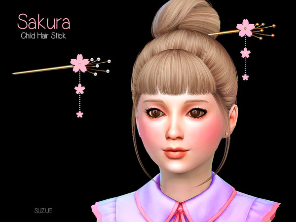Sims 4 — Sakura Hair Stick Child Left Side by Suzue — -New Mesh (Suzue) -6 Swatches -For Female (Child) -Hats Category