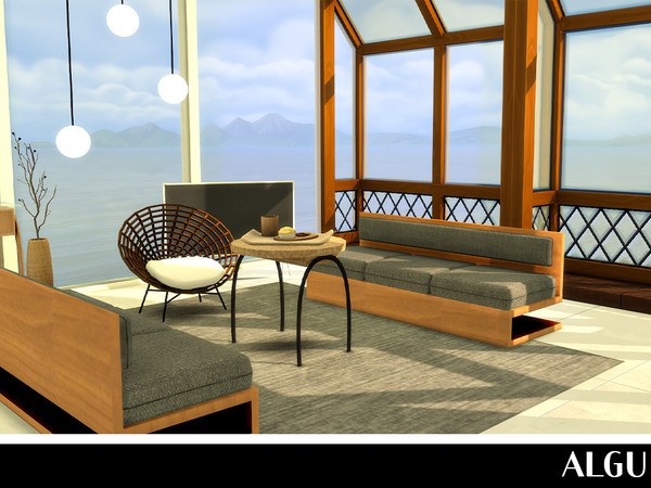 Sims 4 — Wood Fabric Sofa by ALGU — 3-seat sofa base game compatible