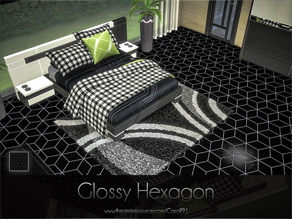 Sims 4 — Glossy Hexagon by Caroll912 — A single recolour black, hexagonal, reflective tile floor. Suitable for indoor