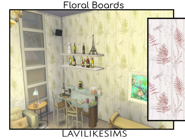 Sims 4 — Floral Boards by lavilikesims — A panel wall or wallpaper that looks like wood boards with a floral overlay