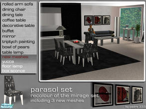 Sims 2 — Parasol Dining by Padre — A dining room/living area in worn grey timber with black velvet seating for your Sims.