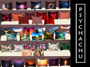 Sims 4 — 184 Cushions by Psychachu — 20 files, 184 swatches in total. Themes: space, red, nature, floral, melodysheep,
