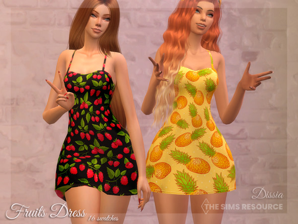 Sims 4 — Fruits Dress by Dissia — Dress with fruits patterns: apple, strawberry, pear, plum, peach, raspberry,