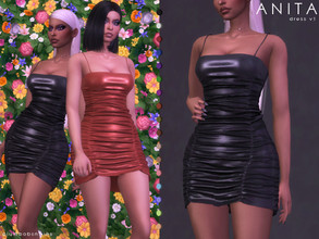 Sims 4 — ANITA | dress v1 by Plumbobs_n_Fries — Short bodycon leather ruched dress New Mesh HQ Texture Female | Teen -