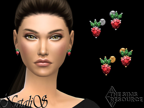 Sims 4 — Strawberry stud earrings. by Natalis — Strawberry stud crystal earrings. Red and green crystals in summer