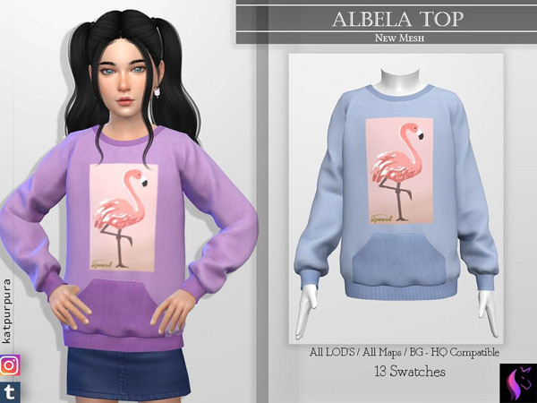 Sims 4 — Albela Top by KaTPurpura — Flamingo print sweater for girls, long sleeves, with pockets in the front and