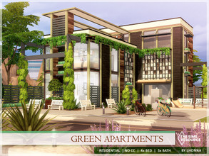 Sims 4 — Green Apartments by Lhonna — Small, modern, full of green townhouse with three apartments and public laundry. NO