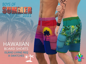 Sims 4 — BoS Hawaiian Board Shorts by SimmieV — Surfs up all year with these eight individually designed board shorts,