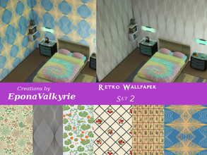Sims 4 — Retro Wallpaper Set 2 by EponaValkyrie — A collection of 6 retro-style wallpaper swatches.