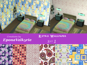 Sims 4 — Retro Wallpaper Set 1 by EponaValkyrie — A collection of 6 retro-style wallpaper swatches.