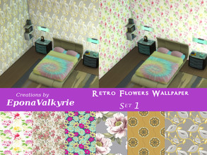 Sims 4 — Retro Flower Wallpaper Set 1 by EponaValkyrie — A collection of 6 retro flower design wallpaper swatches.