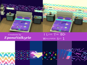 Sims 4 — I Love The '80s Wallpaper Set 1 by EponaValkyrie — A collection of 6 bright, fun '80s wallpaper swatches.