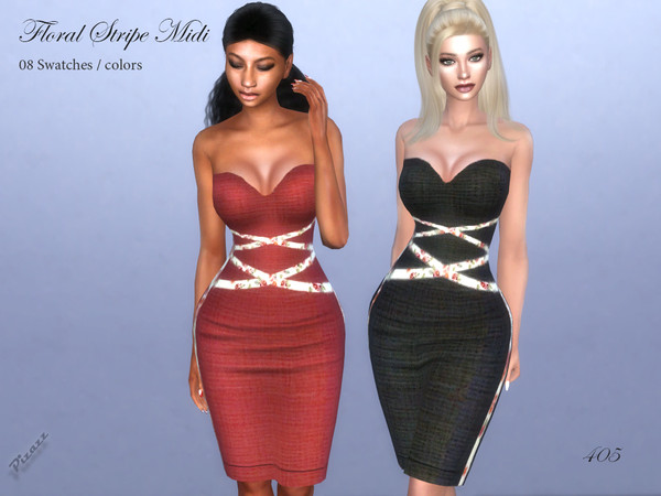 Sims 4 — Floral Stripe Midi by pizazz — Floral Stripe Midi Dress for your sims 4 game. image above was taken in game so