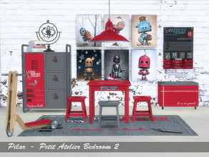 Sims 4 — Petit Atelier Bedroom 2 by Pilar — Industrial style bedroom in gray and red tones