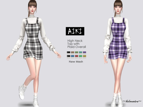 Sims 4 — AIKI - Overall with Blouse by Helsoseira — Style : Plaid overall with long sleeve blouse Name : AIKI Sub part