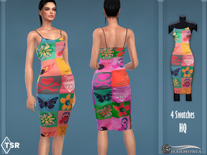 Sims 4 — Multicolor Printed Split Hem Dress by Harmonia — New mesh / All Lods HQ 4 Swatches Please do not use my