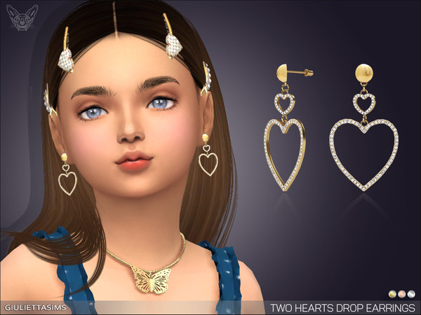 Sims 4 — Two Hearts Drop Earrings For Kids by feyona — Two hearts drop earrings with crystals for kids are available in 3