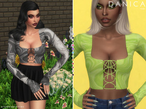 Sims 4 — DANICA | top by Plumbobs_n_Fries — Long Sleeve Patterned Shoelace Front Crop Top New Mesh HQ Texture Female |