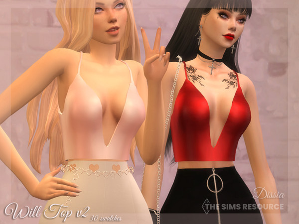 Sims 4 — Will Top v2 by Dissia — Deep cleavage short leather top on straps Available in 30 swatches