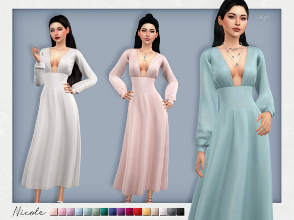 Sims 4 — Nicole Dress by Sifix2 — A low-cut, long-sleeved midi dress available in 16 colors for teen, young adult and