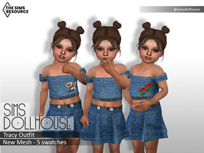 Sims 4 — Tracy Outfit by SimsDollhouse — Cute off the shoulder denim top with embroided flowers and a matching skirt in 5