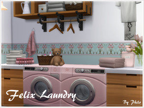 Sims 4 — Felix Laundry by philo — This laundry is Felix favourite room. It is warm and the dominant pastel green and pink