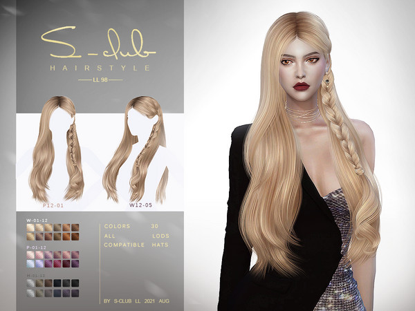 Sims 4 — Braid Long curly hairstyle for female by S-Club by S-Club — Braid Long curly hair, 30 colors, HQ, Hat