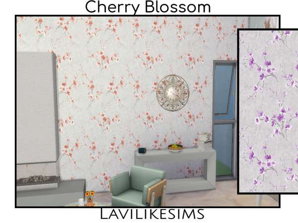 Sims 4 — Cherry Blossom by lavilikesims — A beautiful neutral themed wallpaper which features blossoming flowers adding a