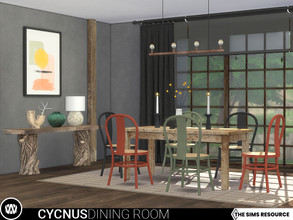 Sims 4 — Cycnus Dining Room by wondymoon — Wabi-sabi inspired dining room with wicker detailed dining chairs, natural