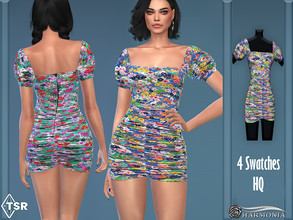 Sims 4 — Colorful Floral Puff Sleeve Dress by Harmonia — New mesh / All Lods 4 Swatches Please do not use my textures.