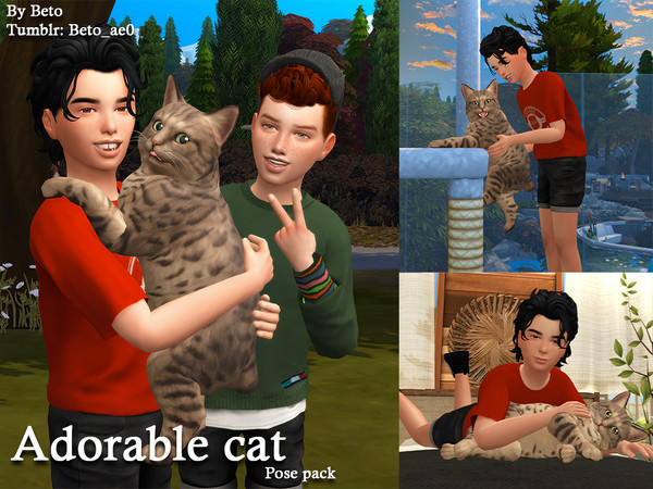 Sims 4 — Adorable cat (Pose pack) by Beto_ae0 — Kids poses with an adorable chubby cat, I hope you like them - Includes 4