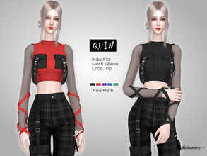 Sims 4 — QUIN - Ribbon sleeves Top by Helsoseira — Style : Goth/Industrial long mesh, ribbon sleeves crop top Name : QUIN