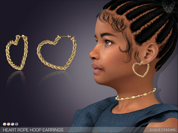 Sims 4 — Heart Rope Earrings For Kids by feyona — Heart Rope Hoop Earrings in a heart shape in 6 metal swatches. * 6
