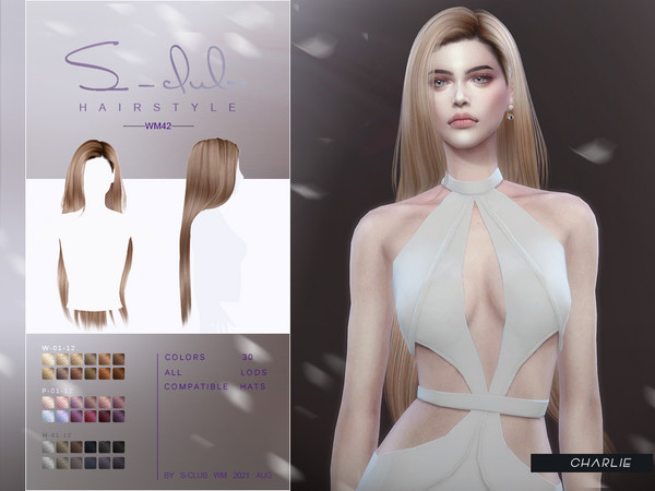 Sims 4 — Long hair Behind the shoulders(Charlie) by S-Club — Long hair Behind the shoulders, 30 colors, HQ, Hat