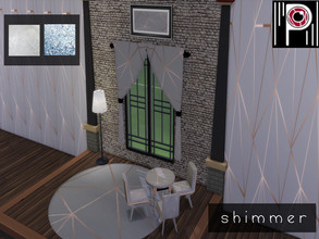 Sims 4 — Shimmer Set || Basegame by Psychachu — Includes: Wallpaper, Dining Table, Dining Chair, Rug, Curtains, Painting