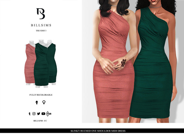 Sims 3 — Slinky Ruched One Shoulder Midi Dress by Bill_Sims — This midi dress features a body enhancing slinky ruched