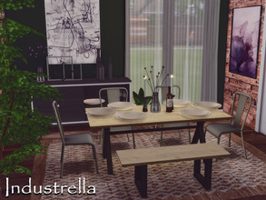 Sims 4 — Industrella - Only TSR CC by GenkaiHaretsu — An industrial, elegant dining room in brick and greenery.