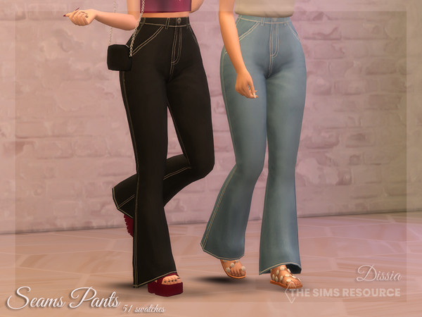Sims 4 — Seams Pants by Dissia — Jeans bell flare pants with white seams Available in 51 swatches