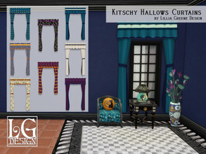 Sims 4 — Kitschy Hallows Curtains by LilliaGreene — These retro Halloween prints bring a splash of spirited fun to your
