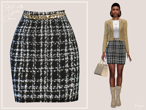 Sims 4 — Skirt with Golden Chain by Paogae — Wool skirt, tartan pattern black and white only, with golden chain at the