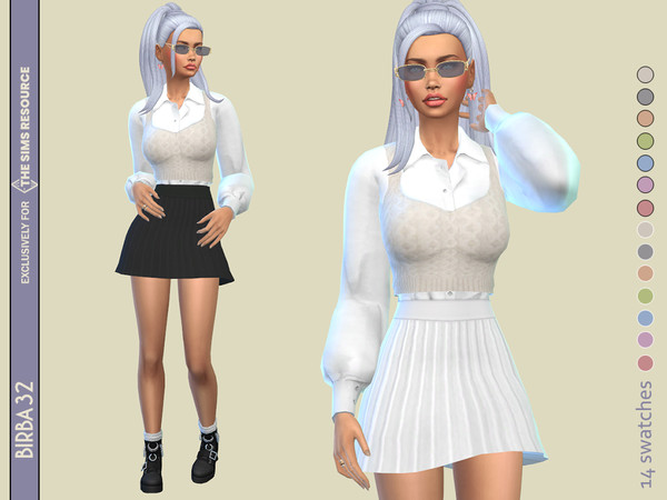 Sims 4 — College Style Outfit by Birba32 — Shirt with a wool vest and a short skirt. Inspired to the college japanese