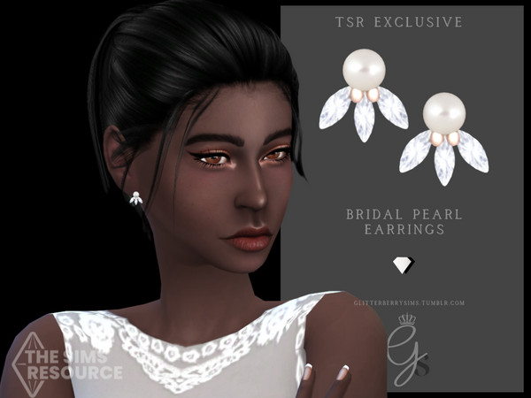Sims 4 — Pearl Bridal Earrings by Glitterberryfly — Bridal earrings with three diamonds and a pearl