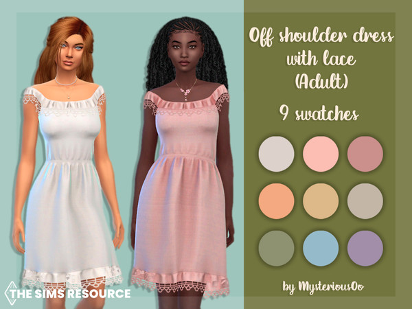 Sims 4 — Off shoulder dress with lace Adult by MysteriousOo — Off shoulder dress with lace in 9 colors 9 Swatches; Base