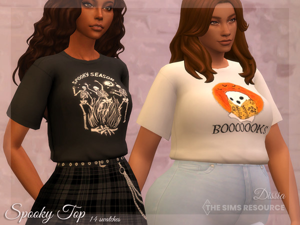 Sims 4 — Spooky Top by Dissia — Short sleeves white or black top with a spooky themed decals (skeleton, ghost) Available