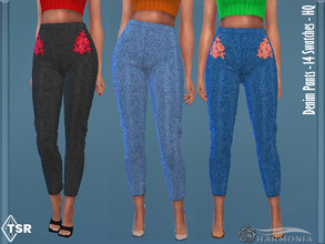 Sims 4 — Petite Embroidered Denim Pants by Harmonia — New mesh / All Lods 14 Swatches Please do not use my textures.