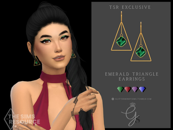 Sims 4 — Emerald Triangle Earrings by Glitterberryfly — Earrings that are inspired by art deco and abstract themes .