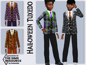 Sims 4 — Halloween Tuxedo by Pelineldis — A cool tuxedo with Halloween-related print for boys in four design variations.