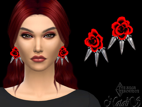 Sims 4 — Rose with daggers earrings by Natalis — Rose with daggers earrings. 4 rose color options. Female teen-elder. HQ