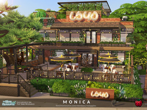 Sims 4 — Monica restaurant - no cc by melapples — a modern restaurant with an open area featuring a bar, and a cosy floor