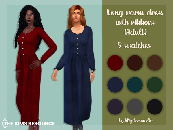 Sims 4 — Long warm dress with ribbons Adult by MysteriousOo — Long warm dress with ribbons in 9 colors 9 Swatches; Base